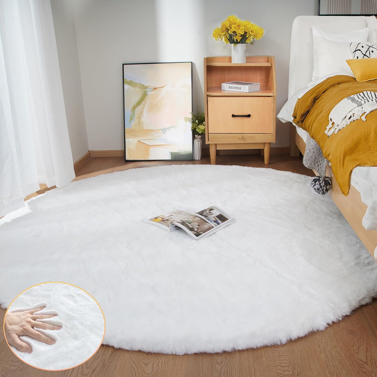 Rond 180 cm wit Pluizig Konijnenbont Tapijt Imitatiebont Zacht Vloerkleed voor Woonkamer
