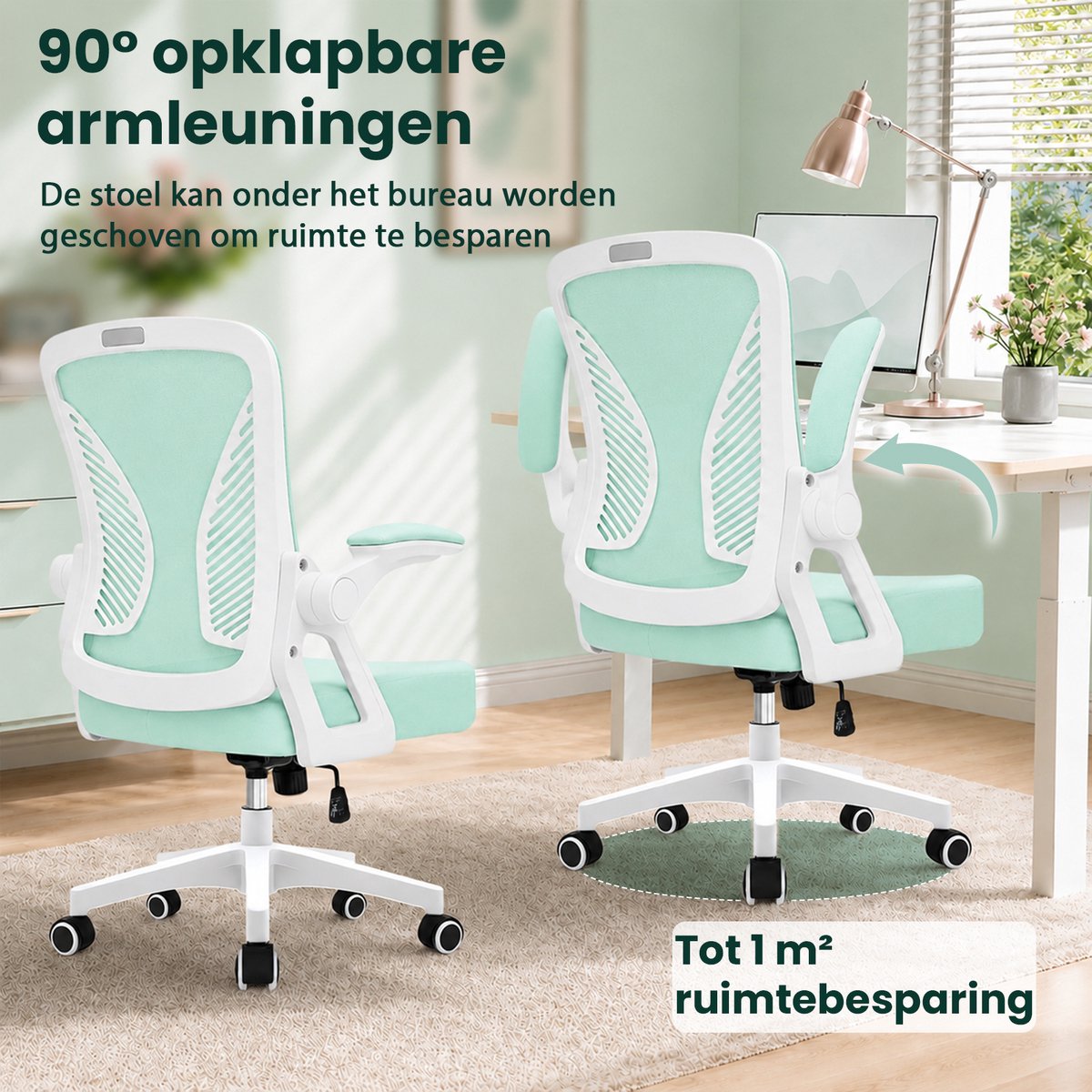 Milacyee Bureaustoel - Ergonomische Bureaustoel – Verstelbare Gaming/Computerstoel met Mesh Rug & Lendensteun – 90° Opklapbare Armleuningen – Directiestoel met Stille Wieltjes – Tot 130 kg Belasting - groente - Geschikt voor thuiswerk en kantoor – foto 3