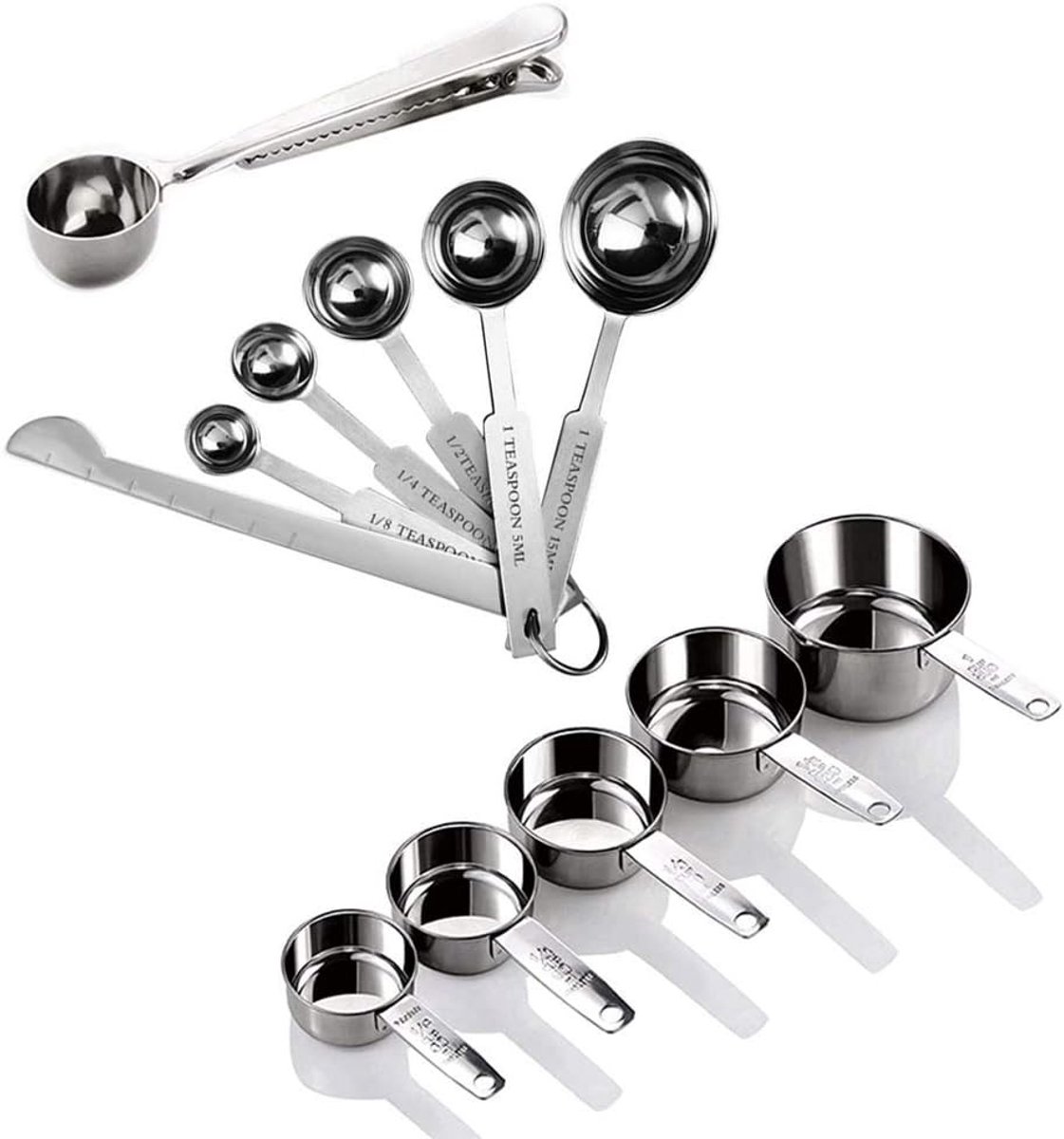 Roestvrijstalen maatbekers en lepelset, 5 maatbekers, 5 maatlepels, 1 schep met clip en 1 baklijn, 12-delige set voor nauwkeurig meten