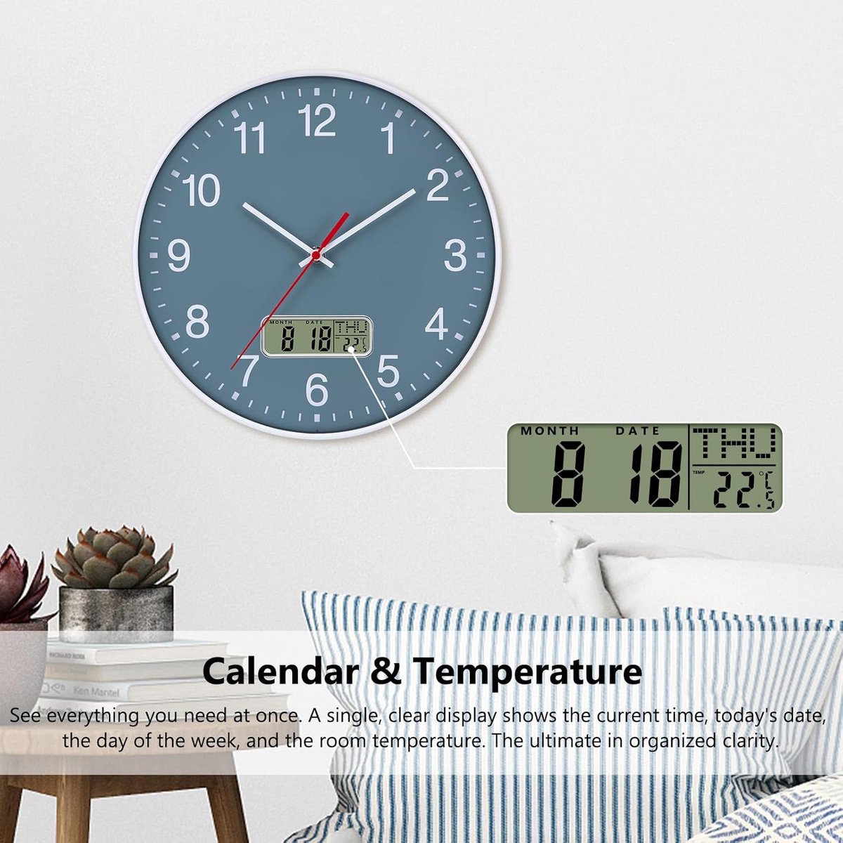 Moderne Wandklok Met Temperatuur En Luchtvochtigheid, Stille Wandklok Niet Tikkend Batterij Gedreven Voor Woonkamer, Keuken, Slaapkamer, 30cm