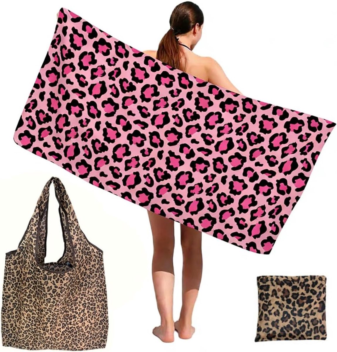 strandlaken met luipaardprint, sneldrogend en zandbestendig voor zwemmen en sporten, modieus en mooi, unisex, 2 stuks (pink)