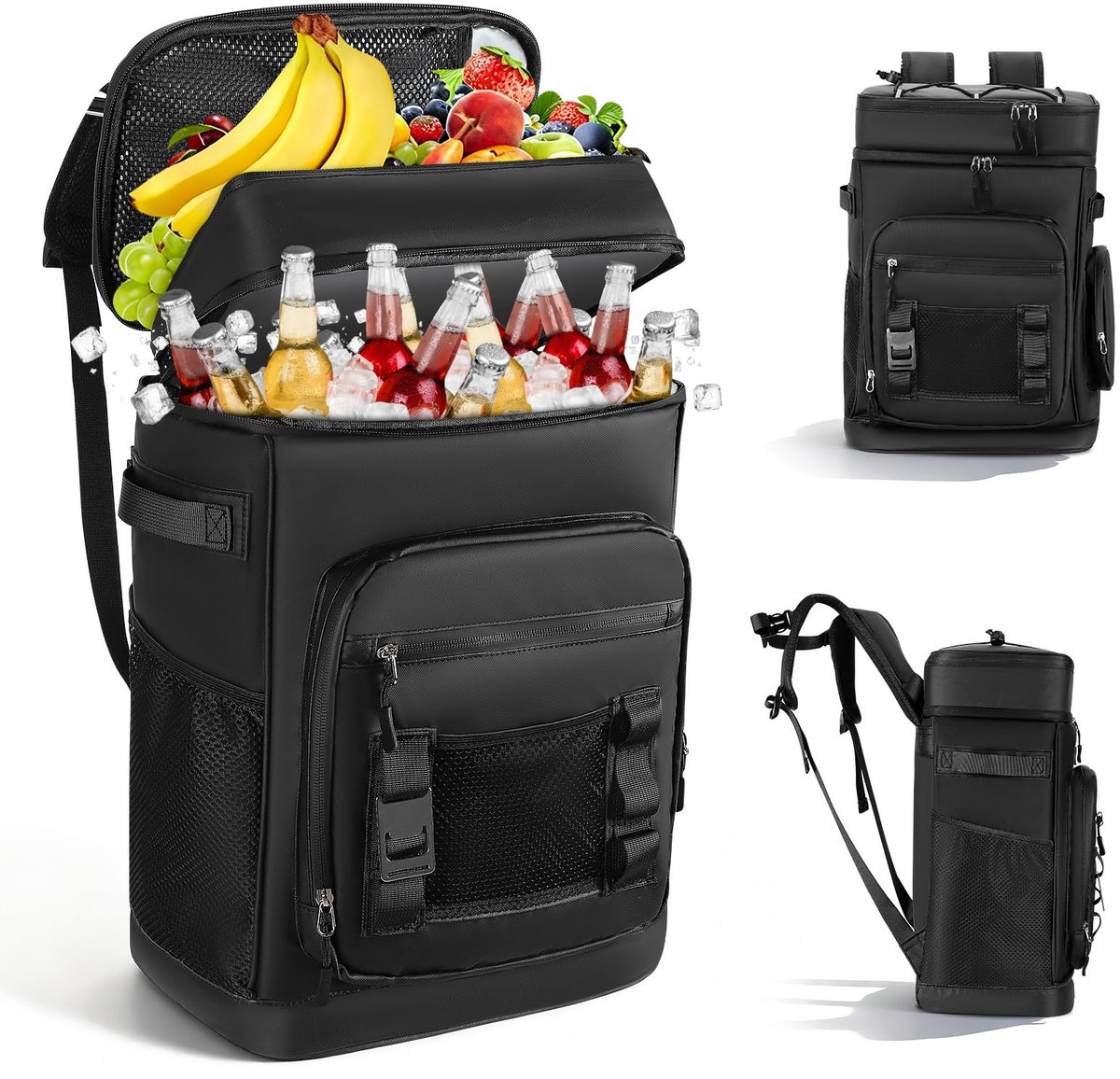 waterdichte koelrugzak, 30 liter, voor 48 blikjes, geïsoleerde campingrugzak met draagriemen, lekvrije koeltas voor strand, picknick, wandelen, zwart