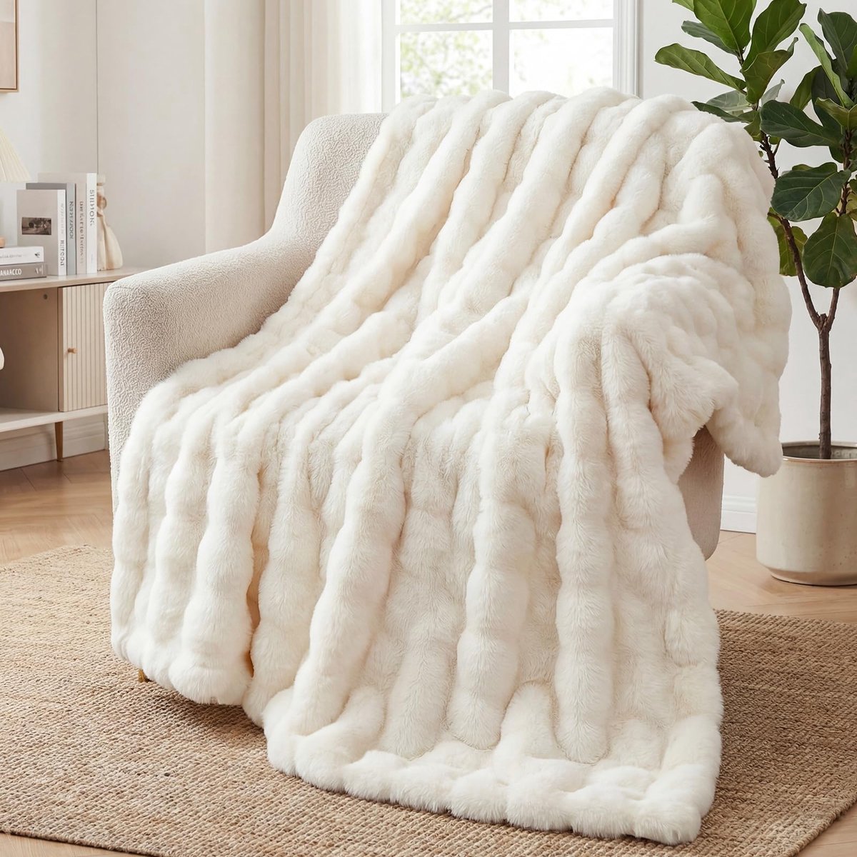 Zachte warme pluche fleecedeken met konijn, dik 1000 g/m², plaids voor bank, grote pluizige veelzijdige deken voor slaapkamer, bank, reizen, kinderen, camping (wit, 130 x 160 cm)
