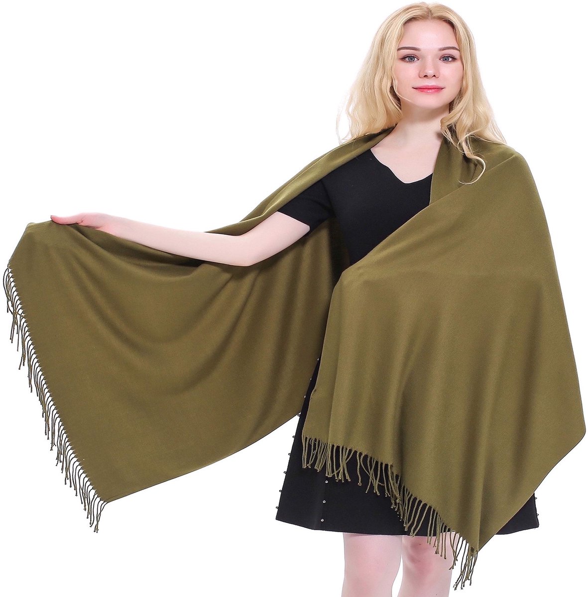 Apparel Dikke stevige sjaal, kleurontwerp, katoenmix, stola, hoofddoek, hoofdsjaal, gezichtsbedekking, pashmina, Olijfgroen, one size