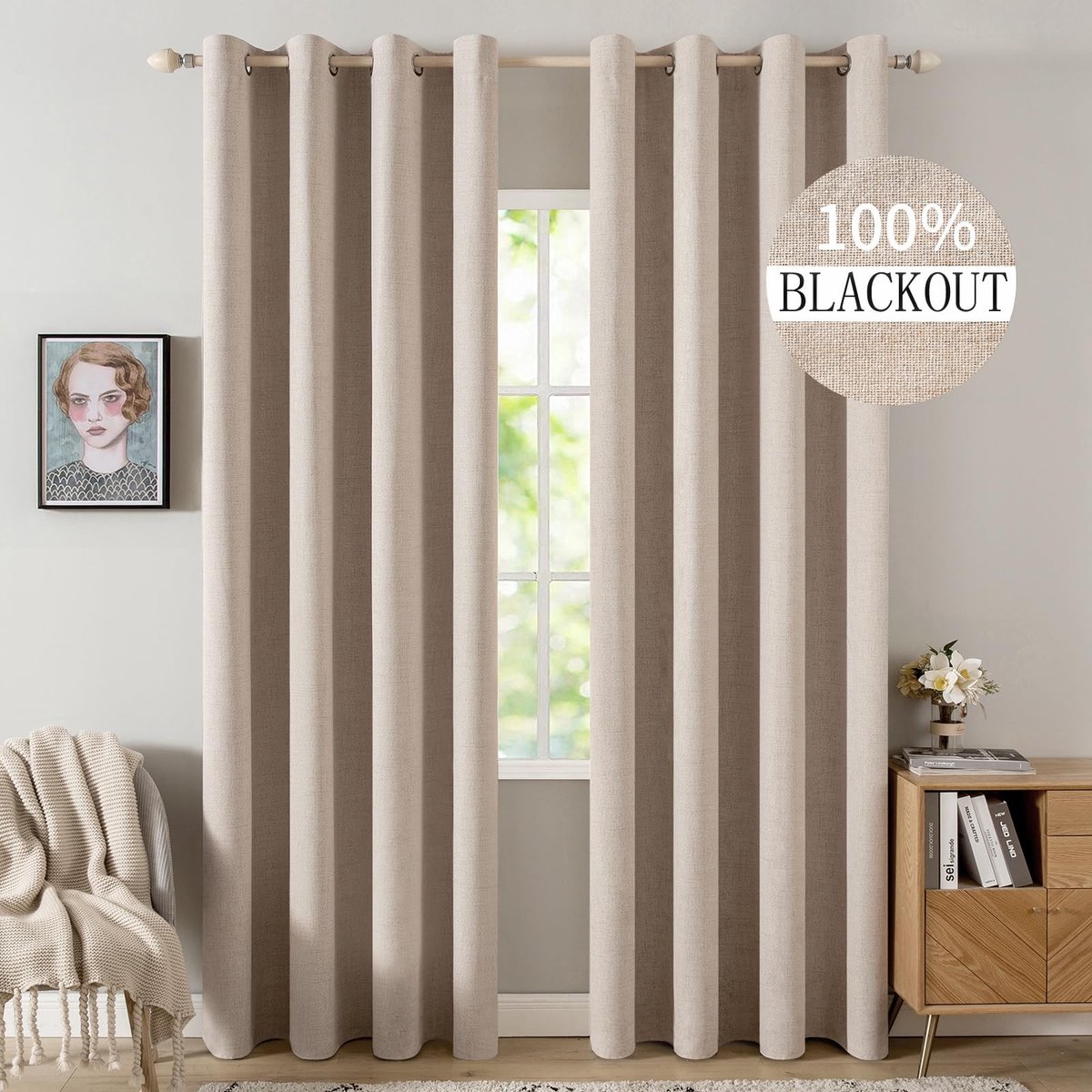 Ondoorzichtige gordijnen, warmte-isolerende gordijnen met ringen, 100% ondoorzichtig, linnen stijl, gordijnen voor woonkamer, bescherming tegen kou, verduisteringsgordijn, set van 2, 140 x 260