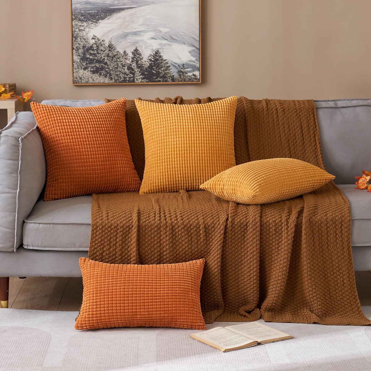 Zachte, effen, decoratieve, vierkante corduroy kussensloop met grote maïskorrels, kussenhoes voor sofa, slaapkamer, 16 x 16 inch / 40 x 40 cm, set van 2, granulaat oranje