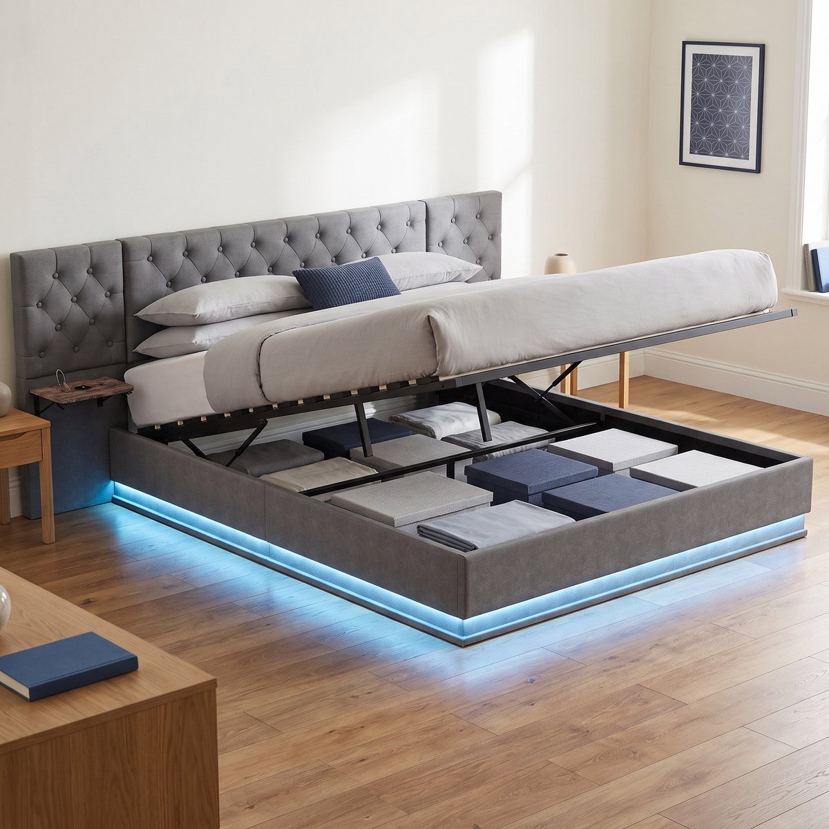 Gestoffeerd Opbergbed 160x200 cm - Tweepersoonsbed met RGB LED - verlengd hoofdbord en lattenbodem - Linnen - Grijs