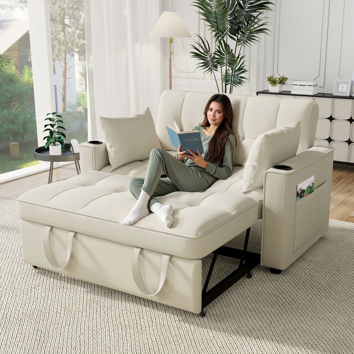 DESMIU Slaapbank 137 Cm - 2-Zits Met Slaapfunctie En 3-Standen Rugleuning - Voor Woonkamer En Appartement - Velvet Beige