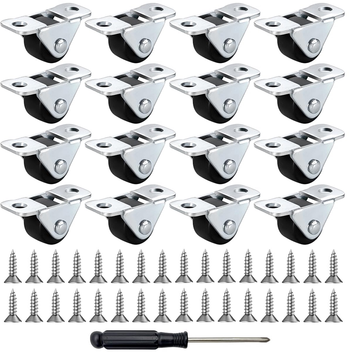 16-delige set kleine meubelwieltjes – 0,5 inch zwenkwielen, platte mini-wieltjes voor meubels (inclusief 32 schroeven en 1 schroevendraaier) – Kleine wieltjes voor tafels en kasten – Zwart