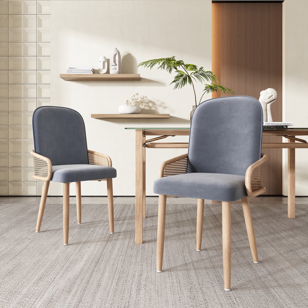 DESMIU Eetkamerstoel Set Van 4 - Velvet Rattan Design Met Armleuningen En Metalen Poten - Voor Eetkamer, Woonkamer En Slaapkamer - Grijs