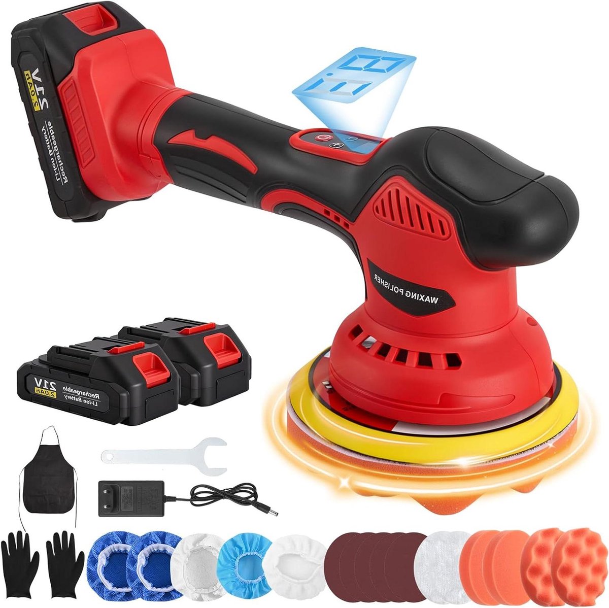 Accu Polijstmachine - Excentrische machine - Auto onderhoud - 8 snelheden digitaal - 2 batterijen - Rood