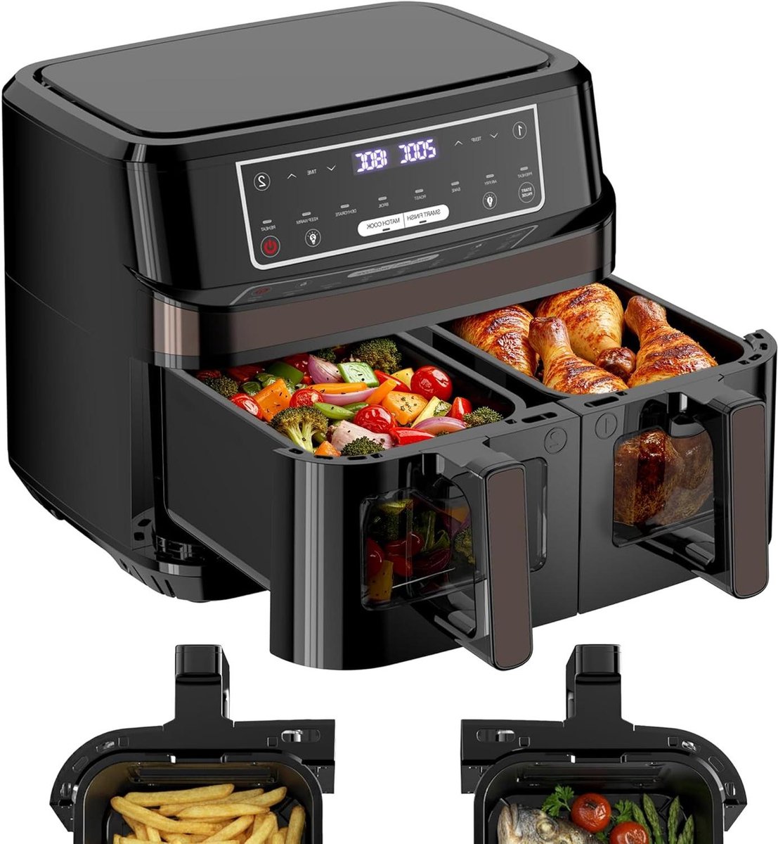 Dubbele Airfryer - Heteluchtfriteuse Dubbele Mand - Gezond Koken - Gescheiden Zones - 2x 5 Liter - Zilver