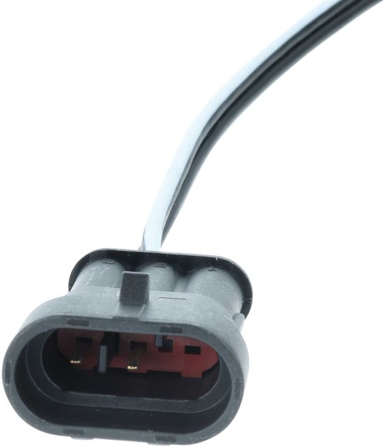 Zwarte connector met rood inzetstuk en metalen contactpunten aan het uiteinde van een zwarte kabel.