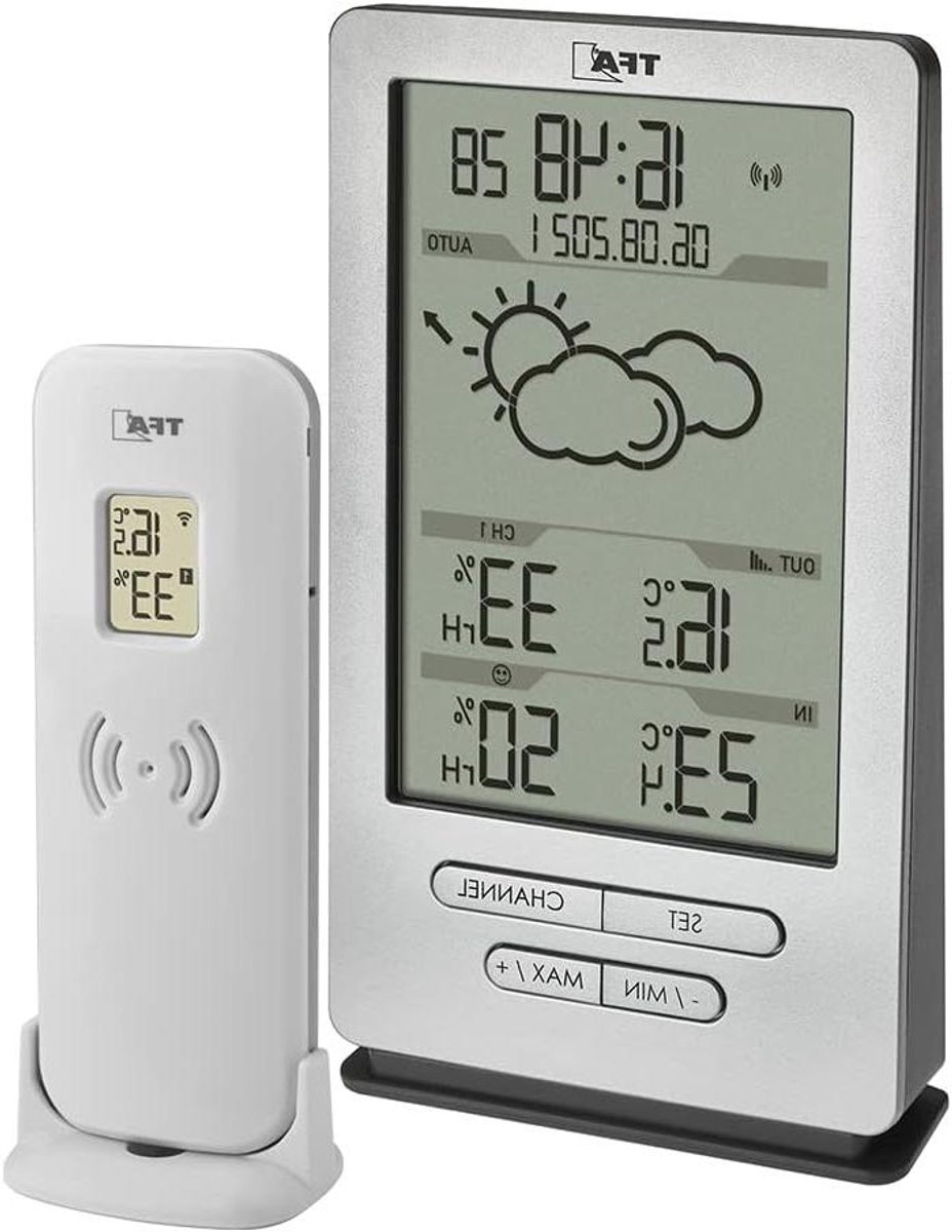 Draadloos Weerstation - Weersvoorspeller Buiten - Binnenklimaat Monitoren - Met Weersvoorspelling - 82x27x140mm - Zilver