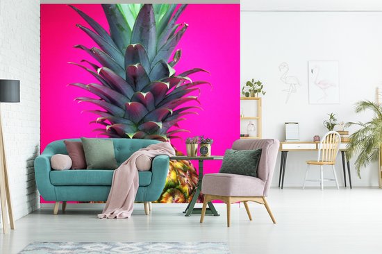 Behang - Fotobehang Ananas - Fruit - Roze - Breedte 240 cm x hoogte 240 cm