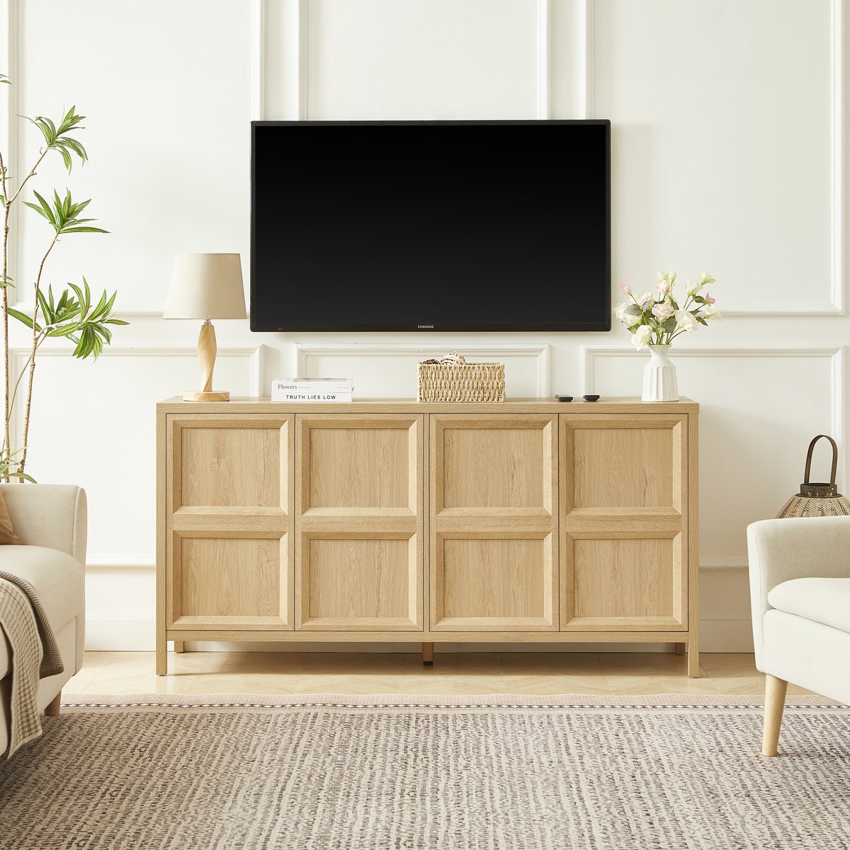 Sideboard met tip-open deuren - 160x40x80 cm eikenlook - Softclose scharnieren, rasterfront design - Kantelbeveiliging, waterafstotend oppervlak - Geschikt voor woonkamer, eetkamer en slaapkamer