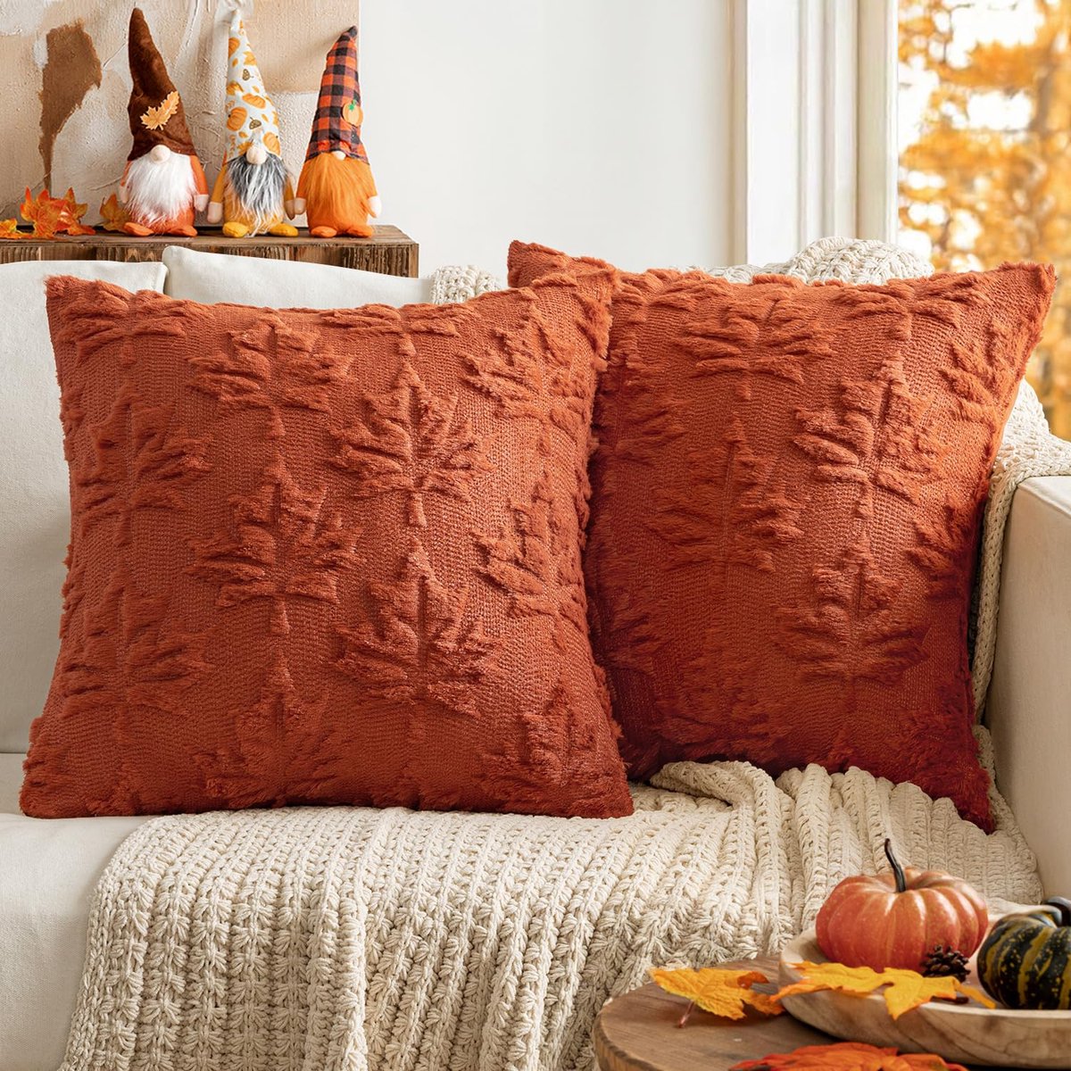 Kussensloop, set van 2 stuks, kunstwollen sofa-kussensloop, herfst esdoornbladeren-patroon, slaapkamer, diep karamel, 45 x 45 cm