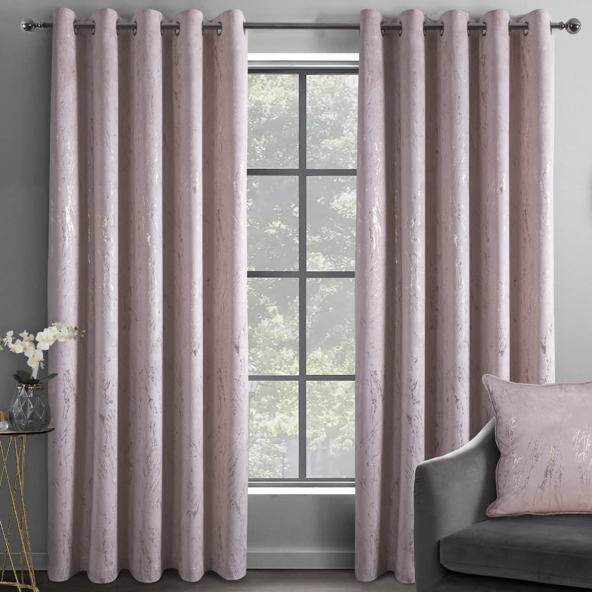 Marmer Effect Fluwelen Verduisterende Thermische Geïsoleerde Ooggordijnen voor Slaapkamer en Woonkamer - 66x54 - Blush Roze - 2 Panelen