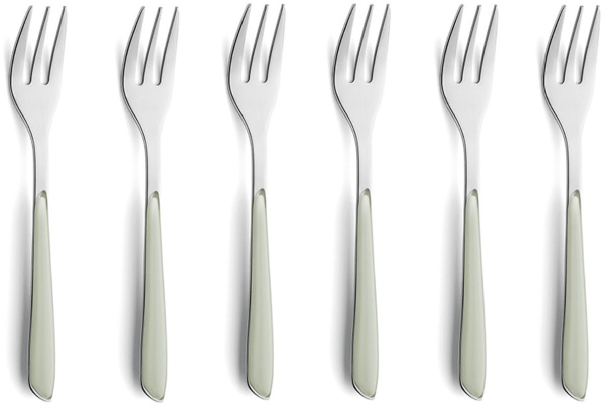 Prisma taartvorken, 6-delig, 18/0 roestvrij staal, saliegroen | Elegante dessertvorken met kunststof handvat in saliegroen, roestvrij en vaatwasmachinebestendig, voor 6 personen, mat design