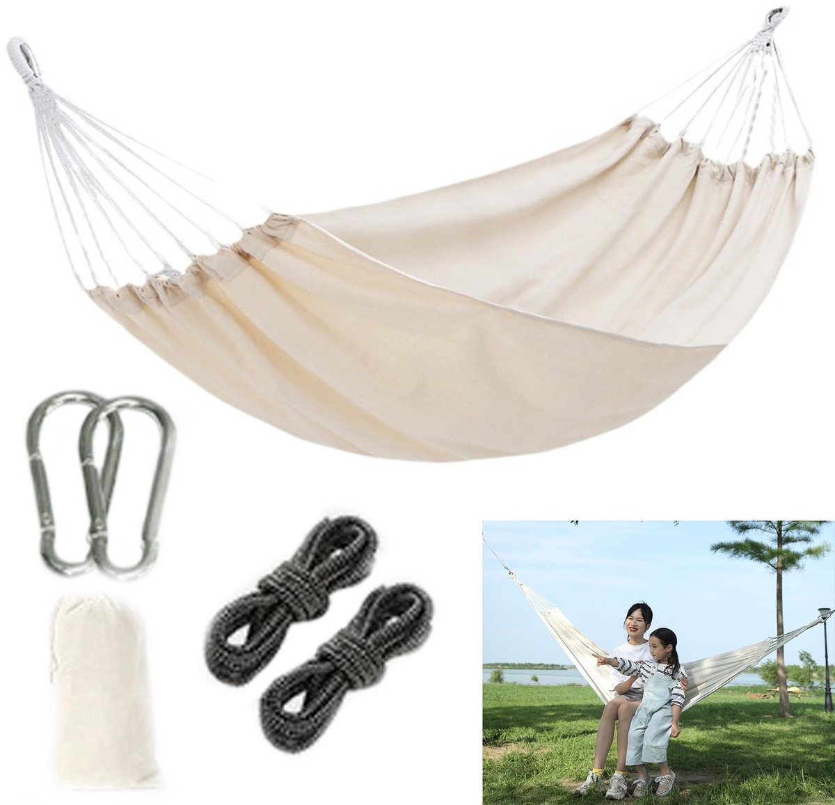 Hangmat, outdoor hangmat, hangstoel, beige, 1 stuk, voor terras, balkon, tuin en outdoor, camping, met opbergtas, banden met karabijnhaken
