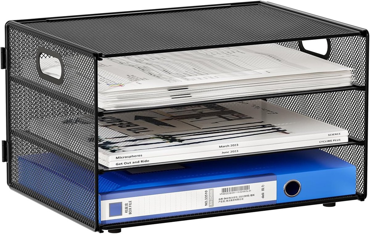 3-Laags A4 Bureau Organiser met Manden voor Documenten, Tijdschriften en Kantoorbenodigdheden - Zwart