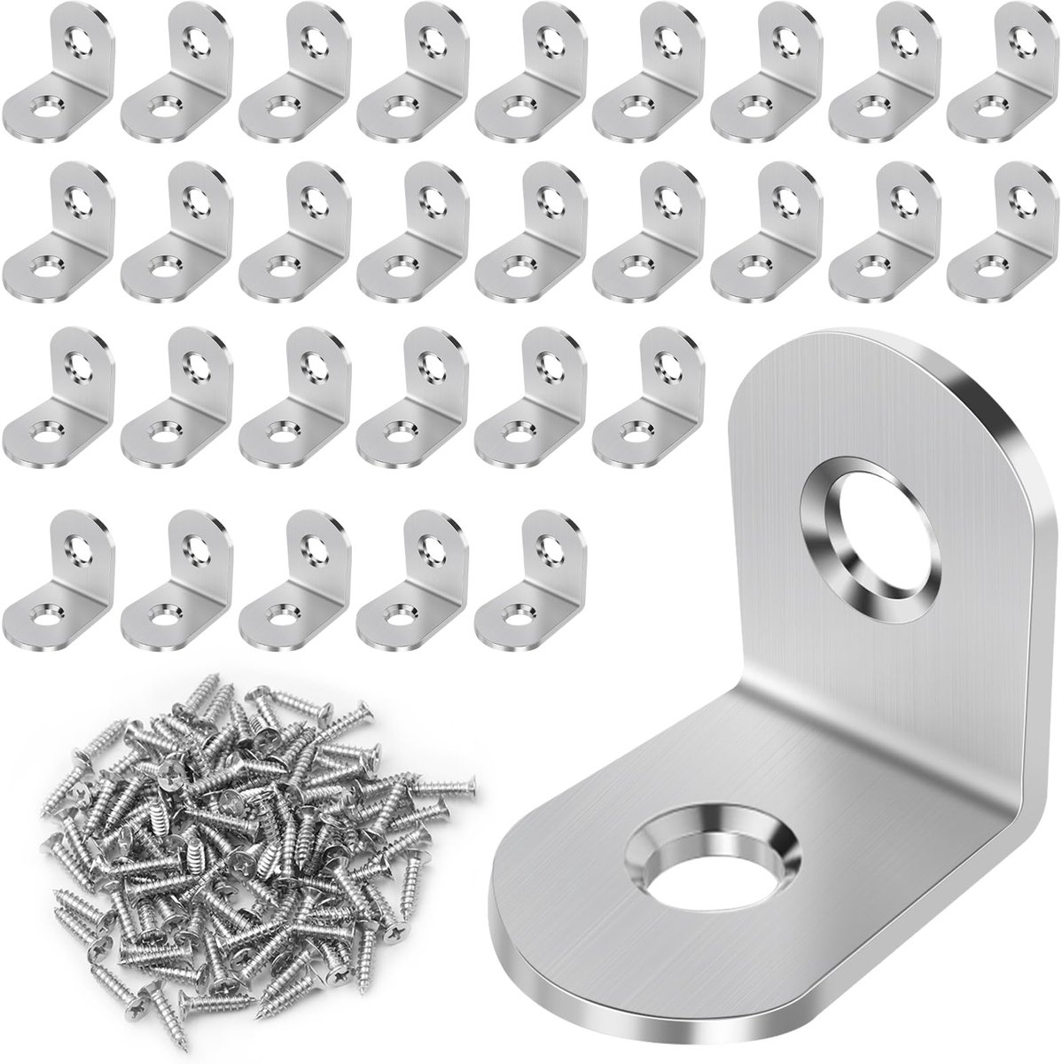 30 stuks hoekverbinders van roestvrij staal, 20 x 20 mm, metalen hoek, 90 graden, roestvrij staal, hoek voor meubelbouw en plankopbouw met boring, doe-het-zelf houten connector