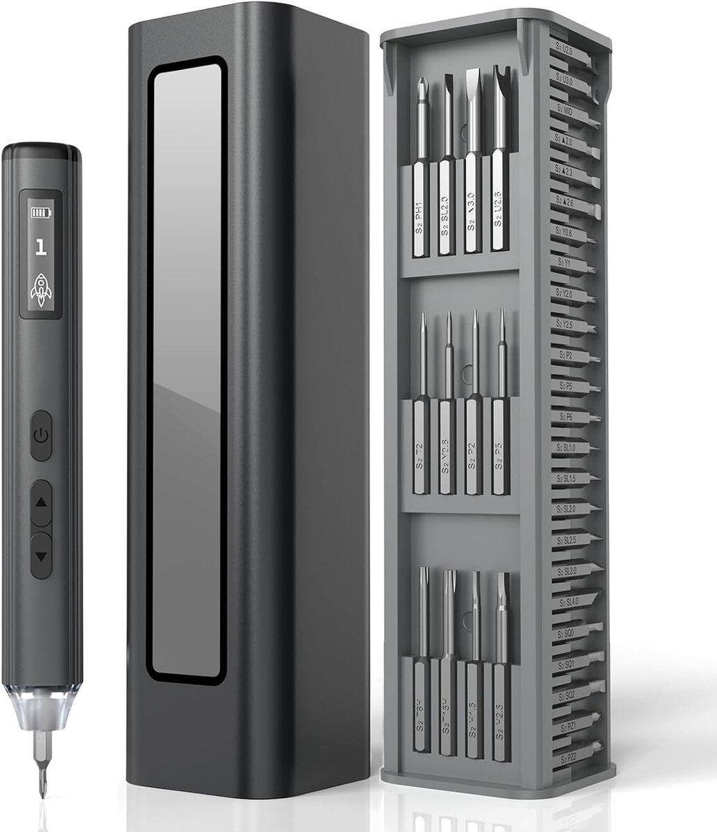 Tehtuy Mini Elektrische Schroevendraaierset - 0.5 N.m Max. Koppel - 5 Instelbare Standen & 60 Magnetische Bits - Oplaadbaar via USB-C - Voor PC, Laptop & iPhone