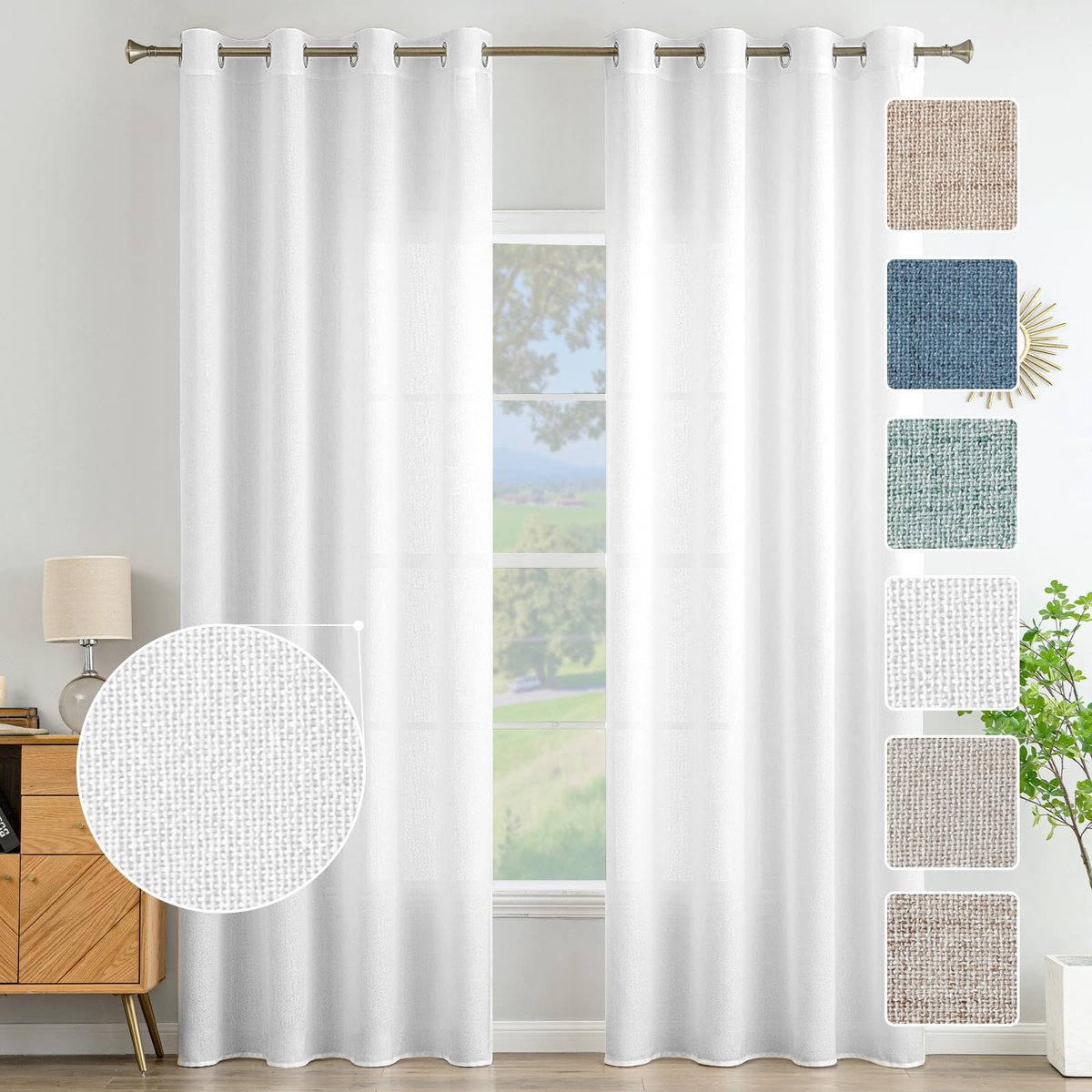 Linnen gordijnen met linneneffect, voor woonkamer, modern, voile gordijn, semi-transparant, natuurlijk, 2 stuks, 140 x 145 cm, wit