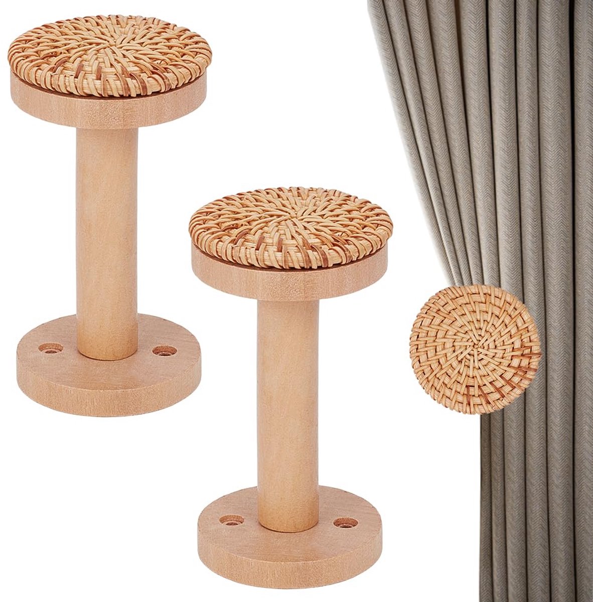 Gordijn Holdbacks 11,5 x 6 cm Wandmontage Houten Tiebacks Ronde Rotan Gordijnen Houders Gordijn Haken met Schroeven Rustieke Ronde Gordijn Haak voor Deur Raam Verduisterende