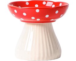 Katten Voerbak - Voerbak Kat - Bak Katten - Kattenvoer- & Drinkbakken - Paddenstoelvormige Verhoogde Kattenbak Brede En Ondiepe Keramische Kattenbak - Geschikt Voor Voer En Water - Voor En Waterbakken Voor Kittens En Oudere Katten - Rood