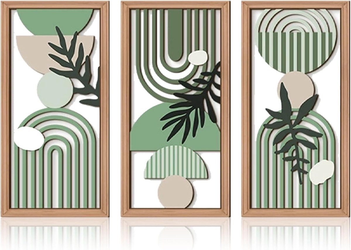 Boho houten wanddecoratie 3-delige set houten wandbeeld planten & geometrie motief wandkunst voor woonkamer slaapkamer gang trappenhuis kantoor (40x20cm)
