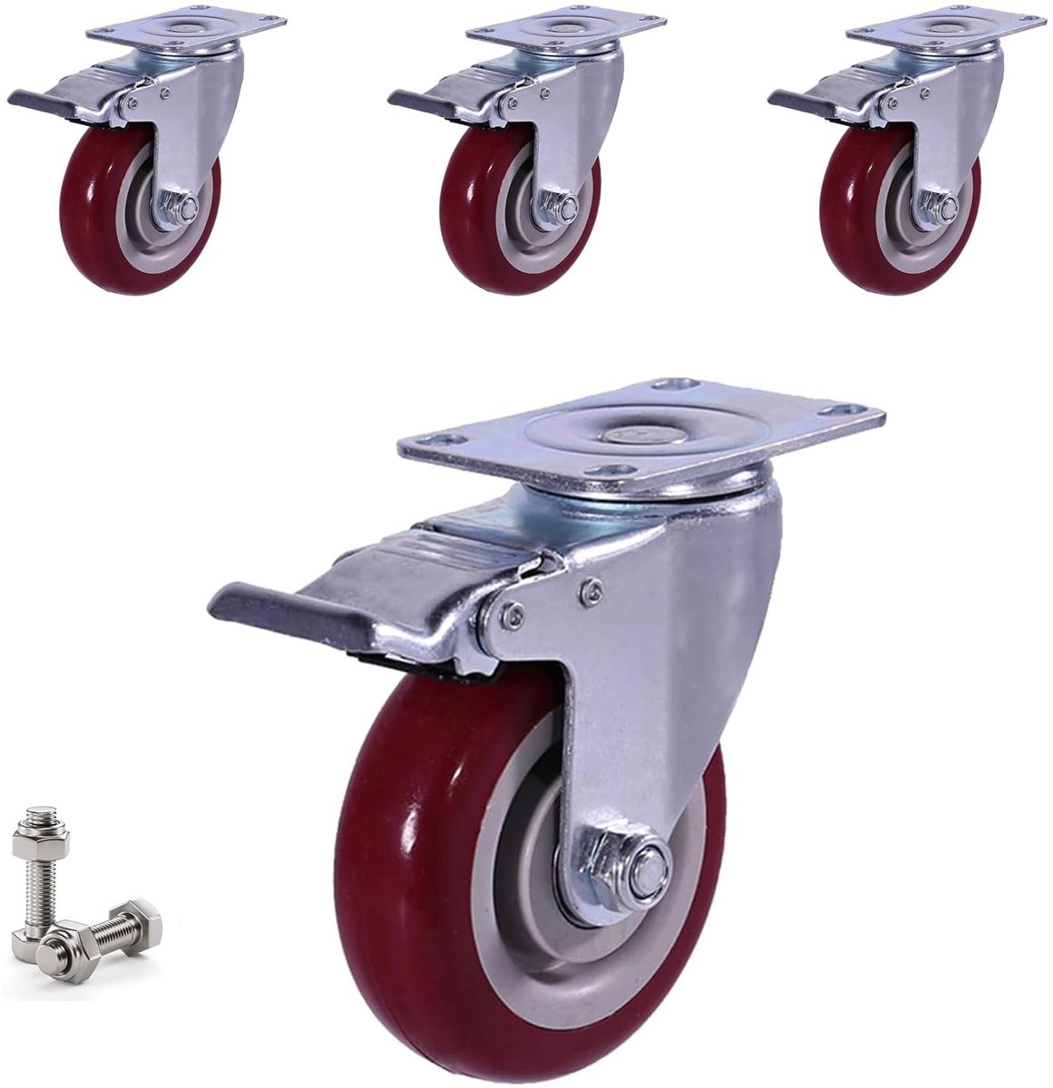 Zwenkwielen 100 mm met Rem Transportwielen Meubelwielen Zware Wielen Meubelwielen 4 inch Voor Binnen en Buiten tot 600 kg Rood