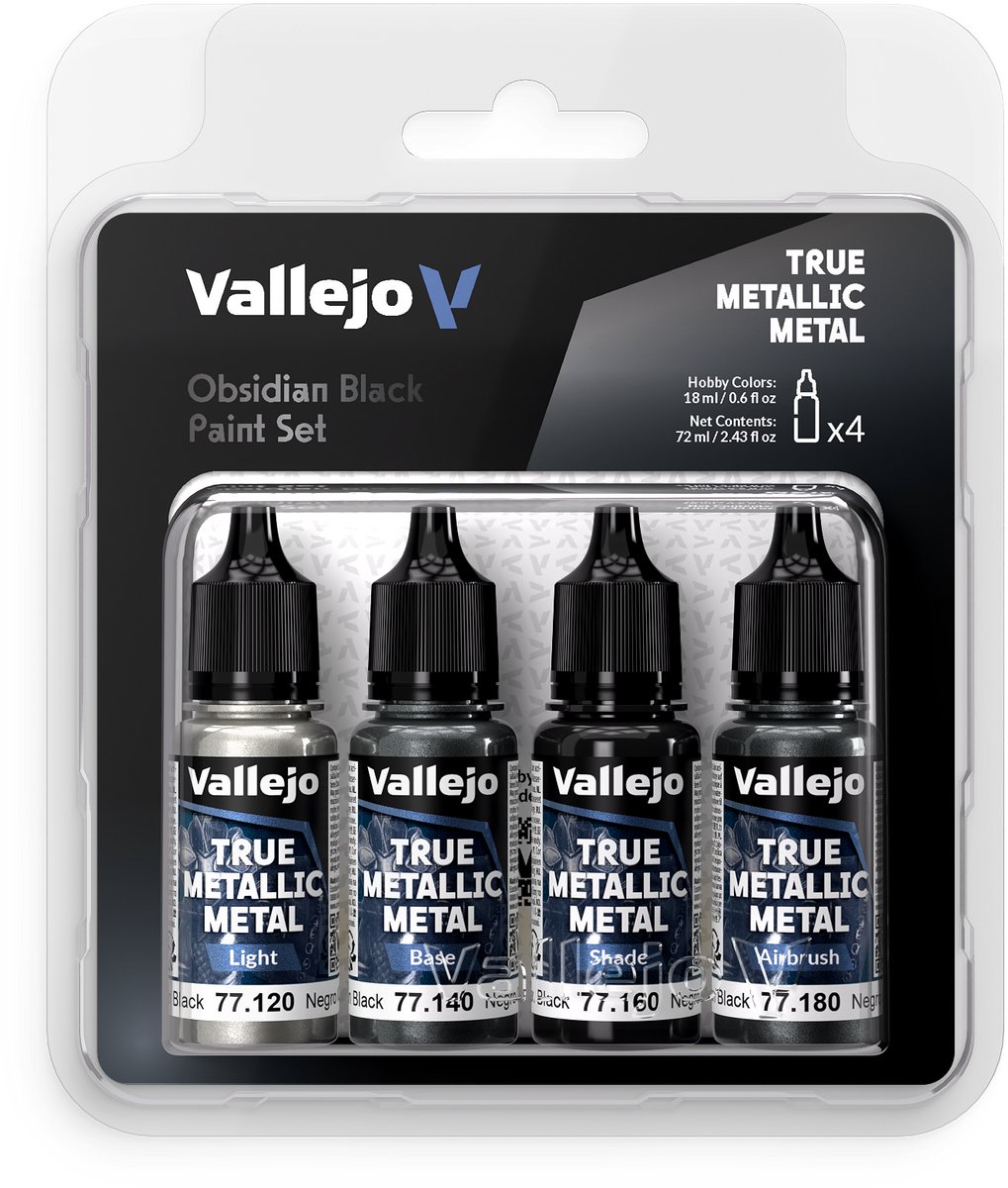 Vallejo Hobbyverf Acrylverf - 77270 True Metallic Metal - Obsidiaan Zwart - Acryl Set 4x Verf set - 4x 18 ml