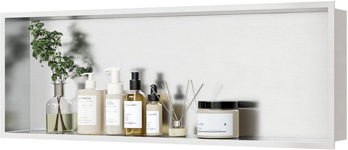 Ingebouwde douche-niche van roestvrij staal, verzonken muurnis GEEN tegel vereist, waterdichte ingebouwde douchecaddy, enkele laag, 90x30x10 cm, geborsteld nikkel