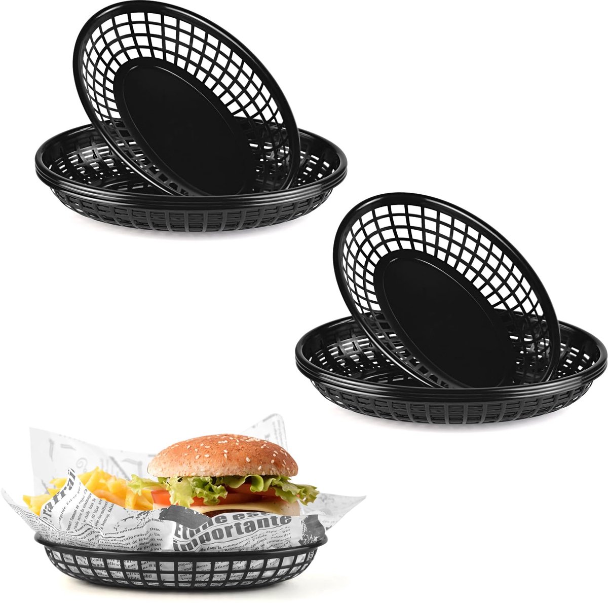 Manden, 8 stuks zwarte herbruikbare plastic ovale fruitmand voor hamburgers, friet, snoep, chips, feest, picknicks, barbecue