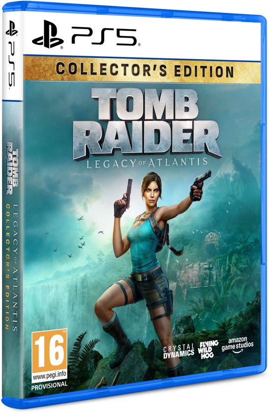 PlayStation 5-hoes voor 'Tomb Raider: Legacy of Atlantis Collector's Edition' met Lara Croft die pistolen vasthoudt.