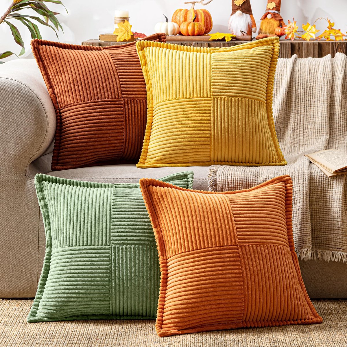 Set van 4 kussenslopen granula's voor kussens, zacht, vierkant, decoratief, voor bank, bed, van polyester mix, 40 x 40 cm, serie groen-oranje