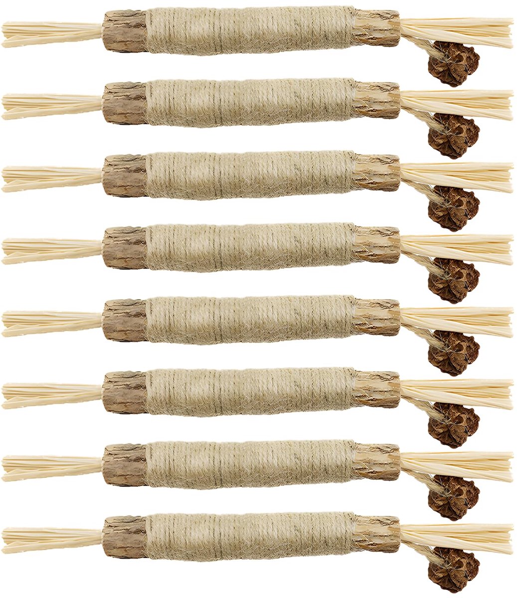 Kausticks voor katten 8 stukken, Matatabi stokjes met raaf, natuurlijke katjesmince stokjes voor stimulatie, silvervine hout tegen tandsteen en ademgeur, dikke kaustangen set