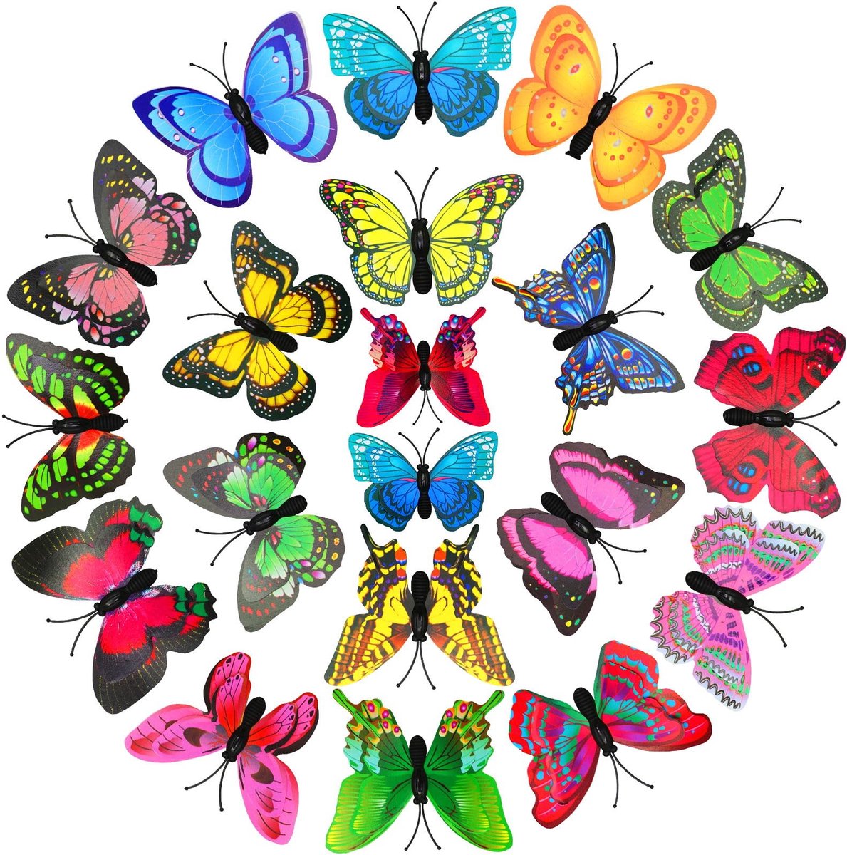 20 stuks kleurrijke vlinders, decoratie met veiligheidsspelden, pvc-vlinderbroche, voor kinderkamer, decoratie, gordijnen, eettafel, kantoor (willekeurige kleuren)
