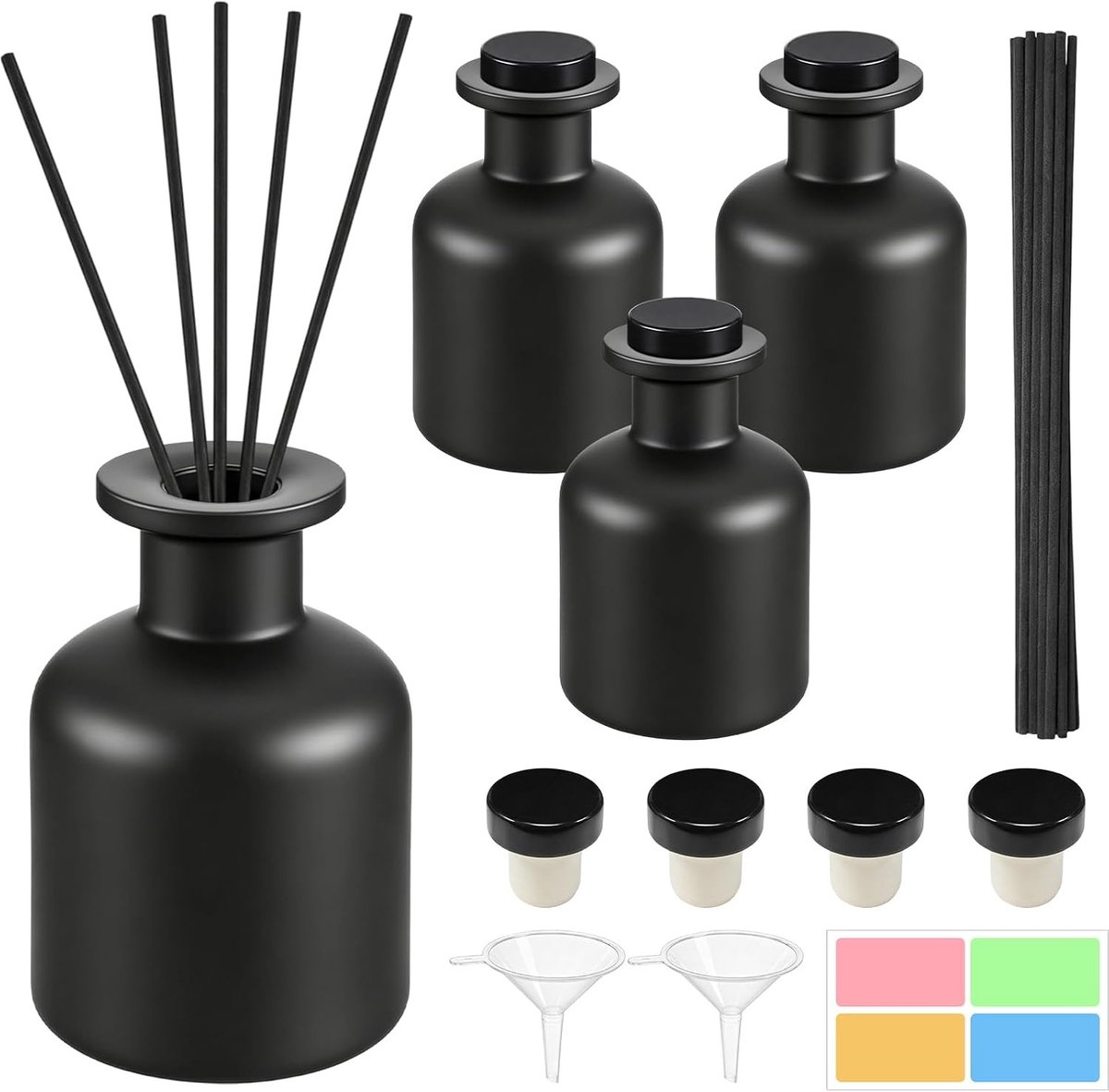 Set van 4 matte glazen flessen van 150 ml voor aromatherapie, navulbare geurflessen met stokjes, stickers en trechter voor etherische oliën en geurverspreiding in huis