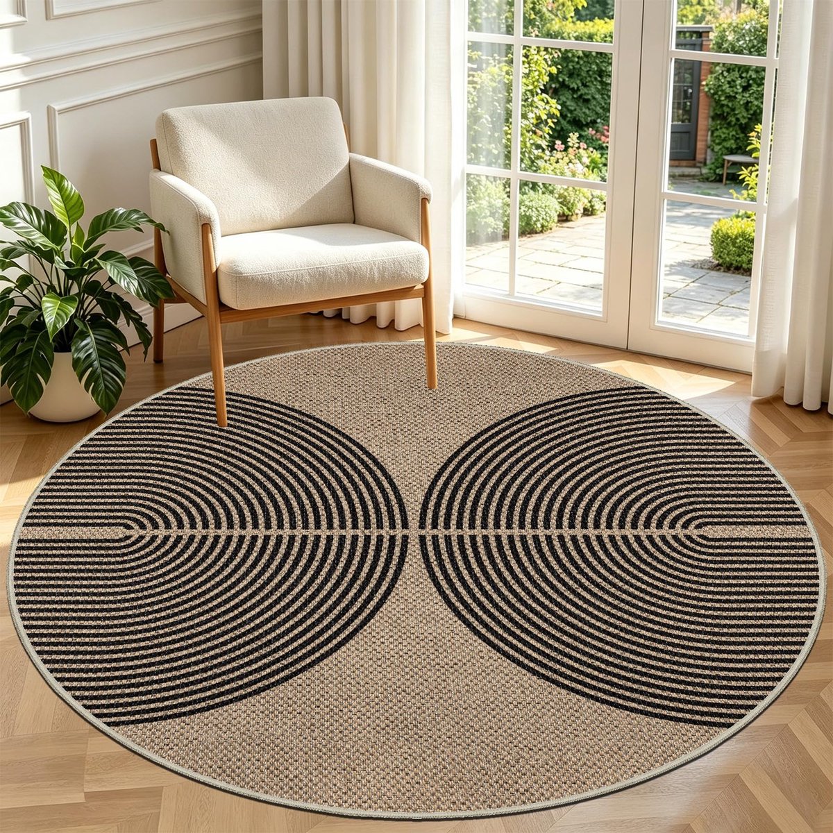 Vloerkleed voor woonkamer, rond, 160 x 160 cm, jute look, keukentapijt, natuurlijk, rond, wasbaar, antislip, tapijt voor woonkamer, slaapkamer, kantoor, zwart