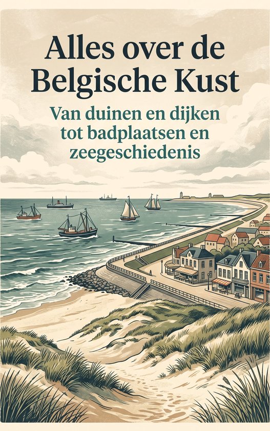 Couverture de livre avec le titre 'Alles over de Belgische Kust'. Image d'une côte avec des dunes, une station balnéaire et des navires en mer.