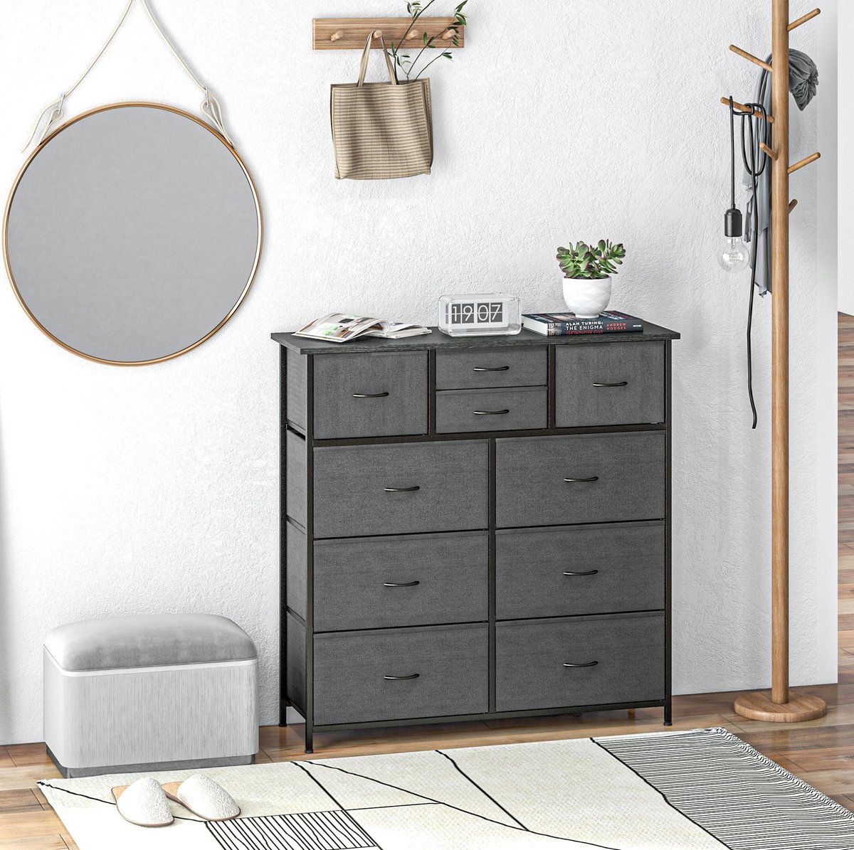 MEUNIQ dressoir opbergkast met 10 stoffen lades 100 x 30 x 100 cm stalen frame met verstelbare voeten voor woonkamer of slaapkamer zwart