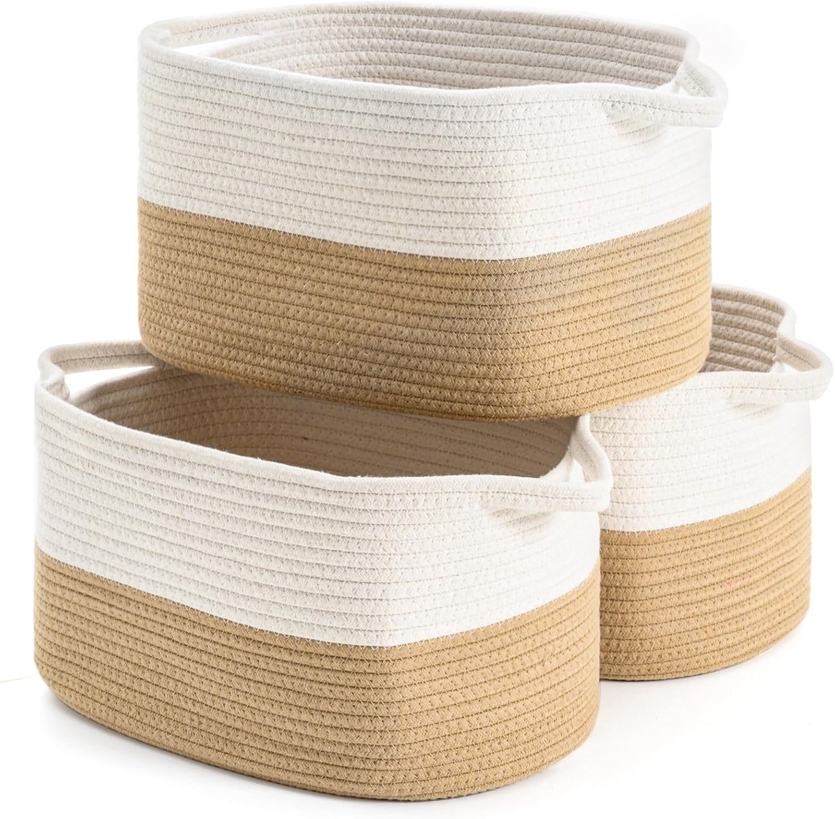 touw geweven opbergmand, gebruikt voor babymand speelgoed organizer, geschenkmanden, leeg, kinderwasmand, babydeken mand, maat 38 x 25 x 22 cm (wit en khaki)
