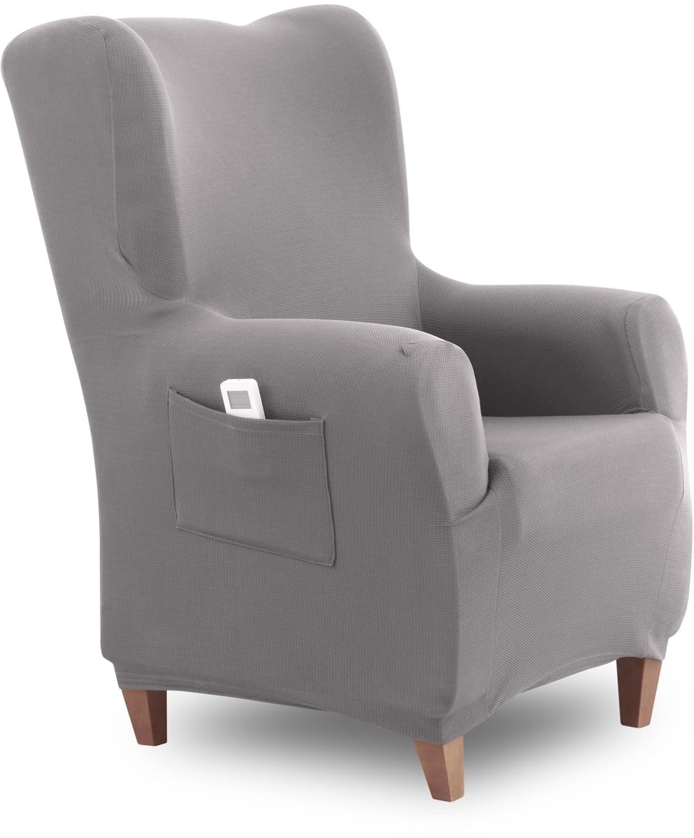 Vleugelstoelhoes TEIDE – Elastische Oorfauteuil Hoes/Fauteuilhoes/Wing Chair Cover – Universele Rekbare Beschermhoes 70–100 cm – Wasbaar – Lichtgrijs