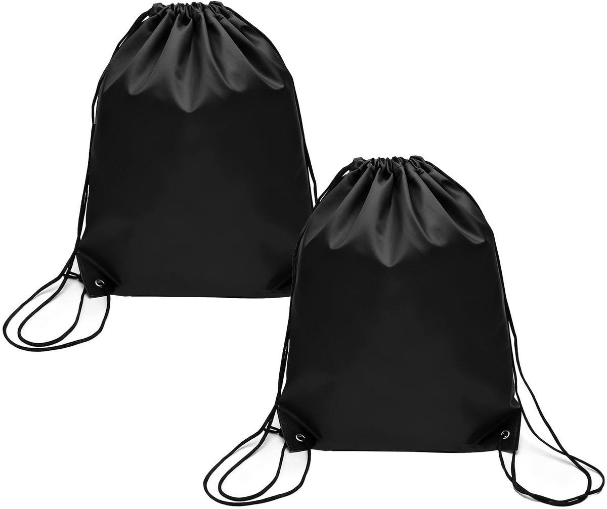 Dailygoods - VOSSOT Gymtas, 2 stuks, sporttas, zwart, 34 x 42 cm, waterdichte tas met trekkoord, lichte rugzak, tas voor dames en heren, gymtas voor school, fitness, sporttas voor meisjes en jongens