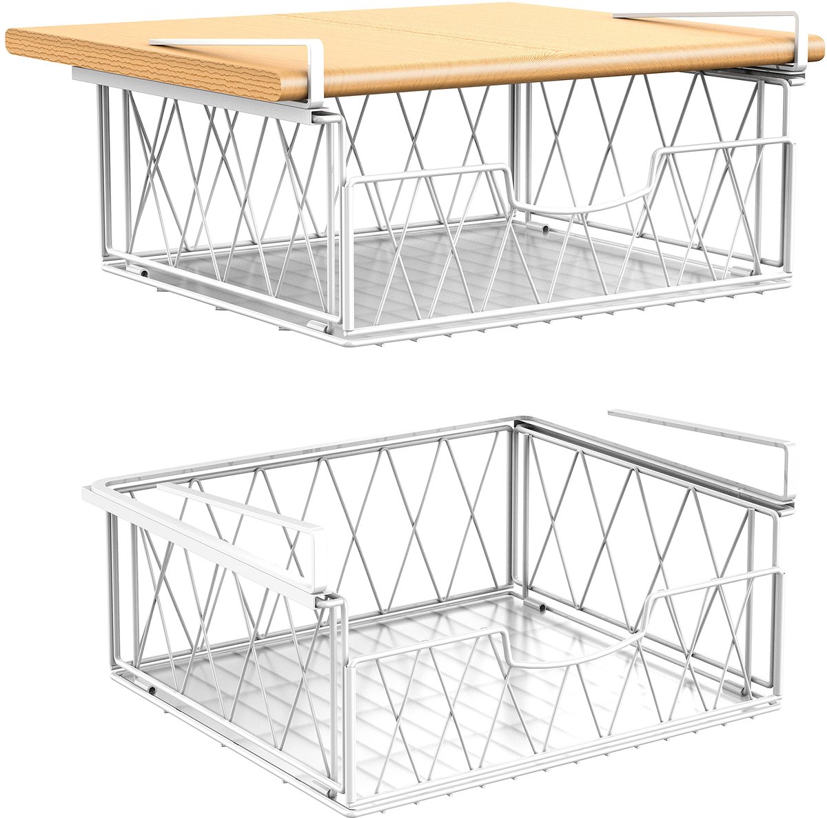 Hangmand Rek van Metaal, Onder Kast Opslag Organizer, Hangende Opbergmanden voor Keuken, Voorraadkast, Kantoor, Bureau, Boekenkast, Wit