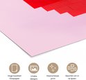 Detail van de print met rode bouwblokken die een hart vormen op een roze achtergrond, met iconen voor fotopapier, unieke designs, scherpe print, en inlijstbaar.