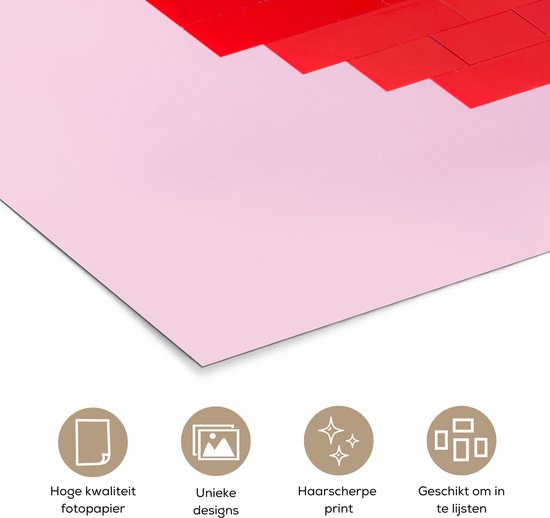 Detail van de print met rode bouwblokken die een hart vormen op een roze achtergrond, met iconen voor fotopapier, unieke designs, scherpe print, en inlijstbaar.