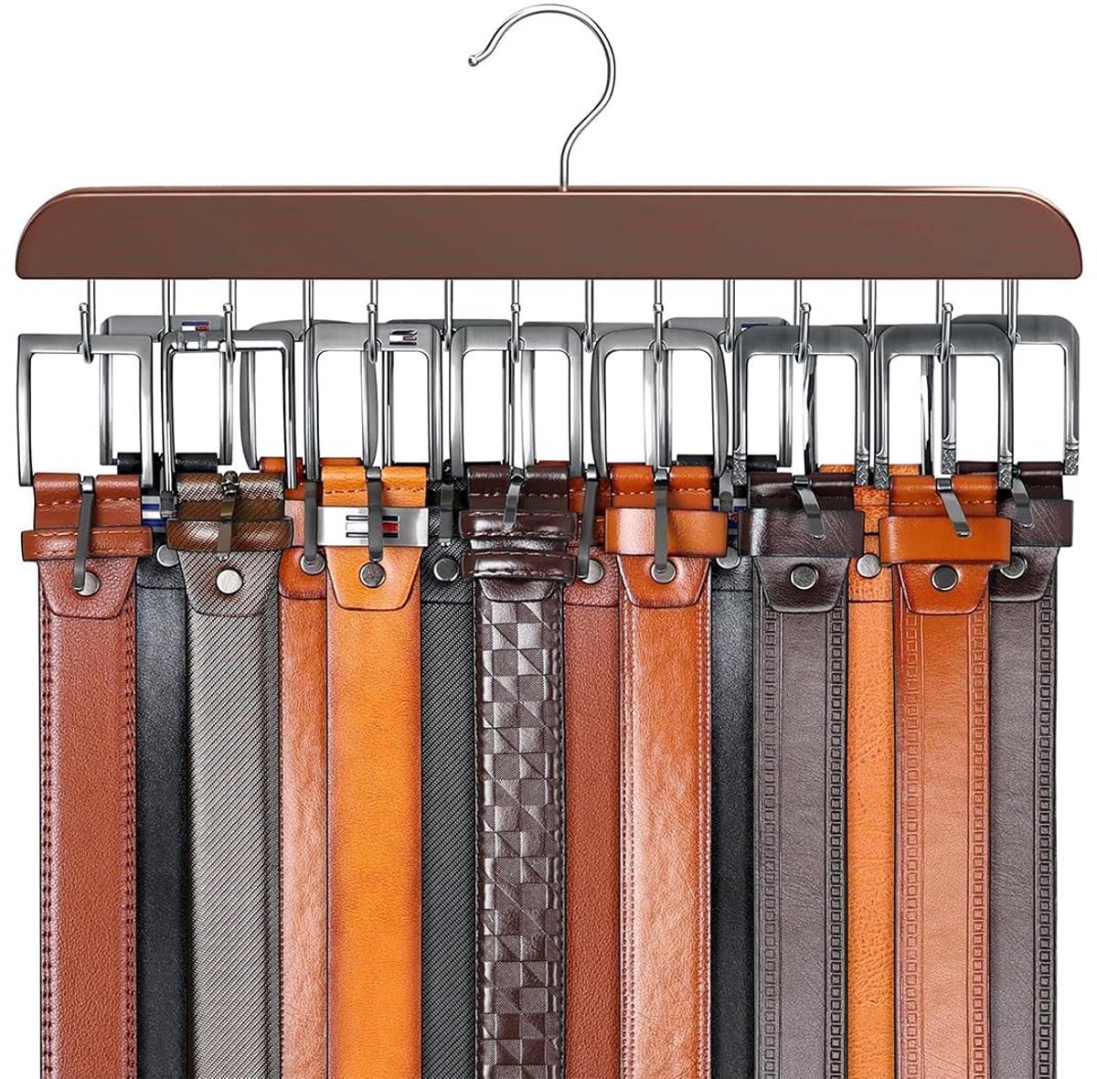 Riemhanger voor kast, max 42 riemen, riemorganizer, kastaccessoires met 14 haken, stevig hout, voor opslag, bruin